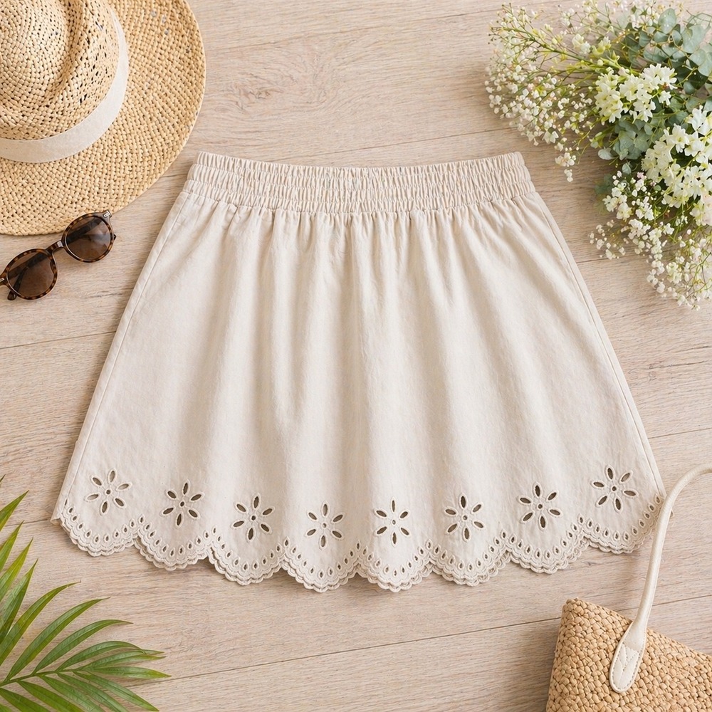 Women’s Cream Eyelet Hem Skort - Elastic Waist
